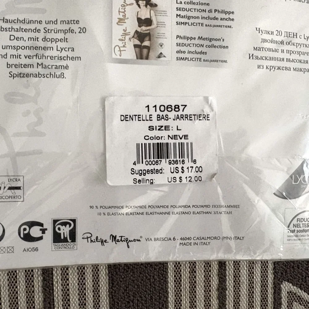 NWT Philippe Matignon Snow Lace Top Thigh High Stockings Size L